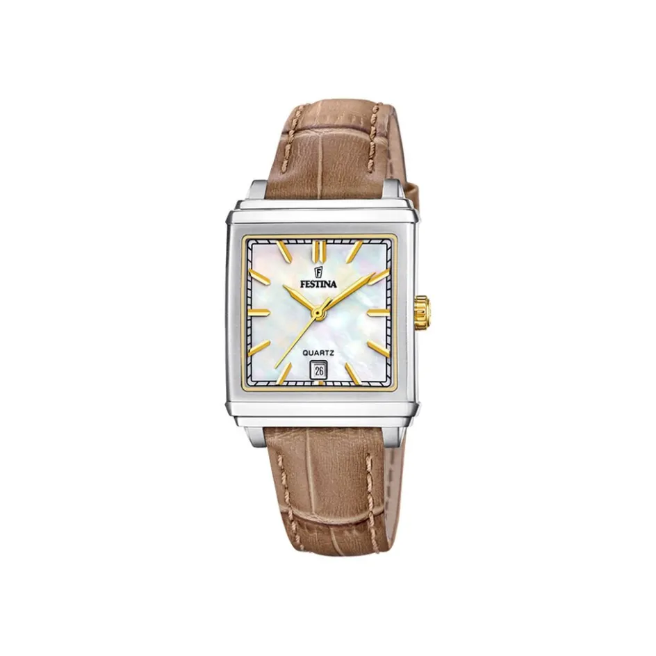 Best FESTINA Montre On The Square Nacre Blanche cadran argenté fond nacre blanche bracelet cuir de vache camel