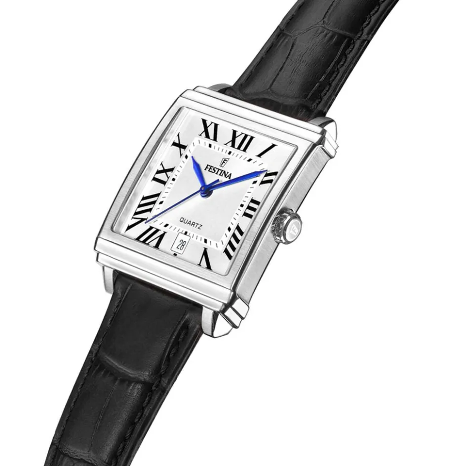 Hot FESTINA Montre On The Square Blanc cadran argenté fond blanc bracelet cuir de vache noir