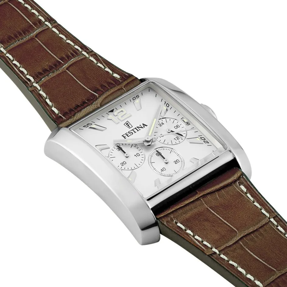 Sale FESTINA Montre On The Square Chrono Argenté cadran argenté fond argenté bracelet cuir marron
