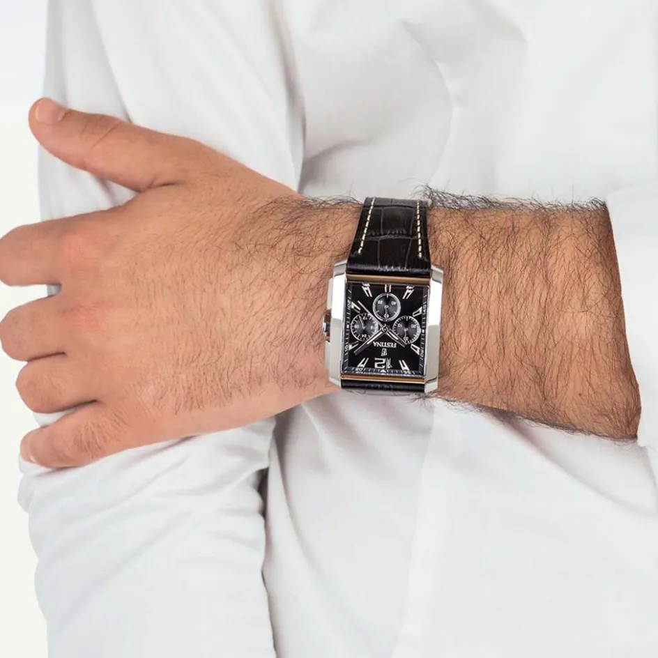 Sale FESTINA Montre On The Square Chrono Noir cadran argenté fond noir bracelet cuir noir