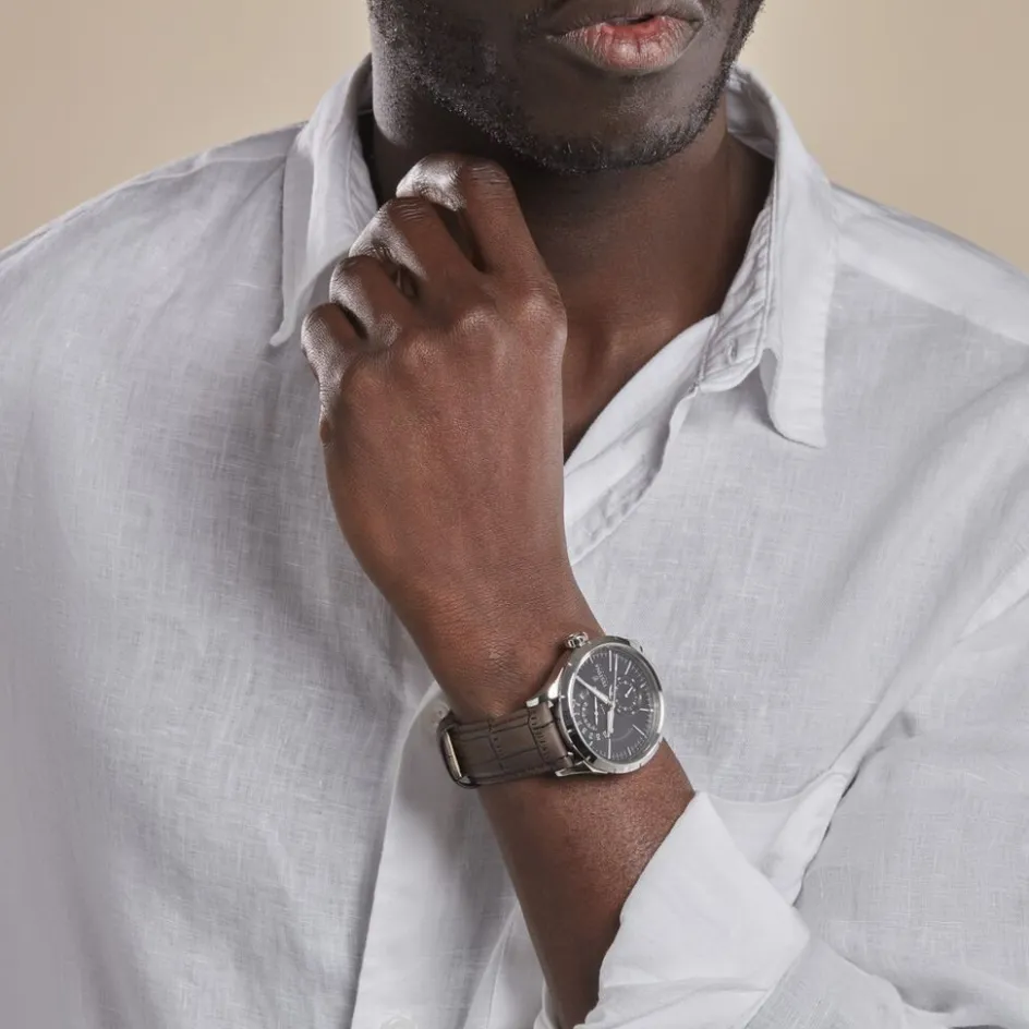 FESTINA Montre Retro Noir cadran argenté fond noir bracelet cuir marron