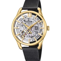 FESTINA Montre Squelette cadran doré fond doré bracelet acier noir