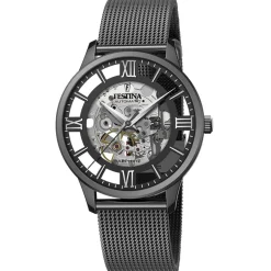 Sale FESTINA Montre Squelette Blanc cadran noir fond noir bracelet acier noir
