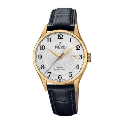 Discount FESTINA SWISS MADE Montre 40 Argenté cadran doré fond argenté bracelet cuir noir
