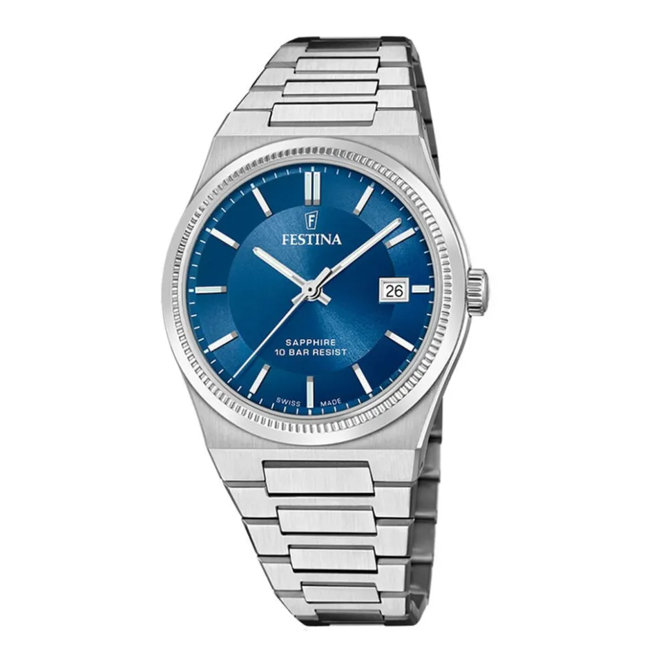 New FESTINA SWISS MADE Montre 40 Bleu London cadran argenté fond bleu london bracelet acier argenté