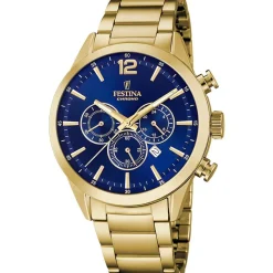 FESTINA Montre Timeless Chronograph Bleu cadran doré fond bleu bracelet acier doré