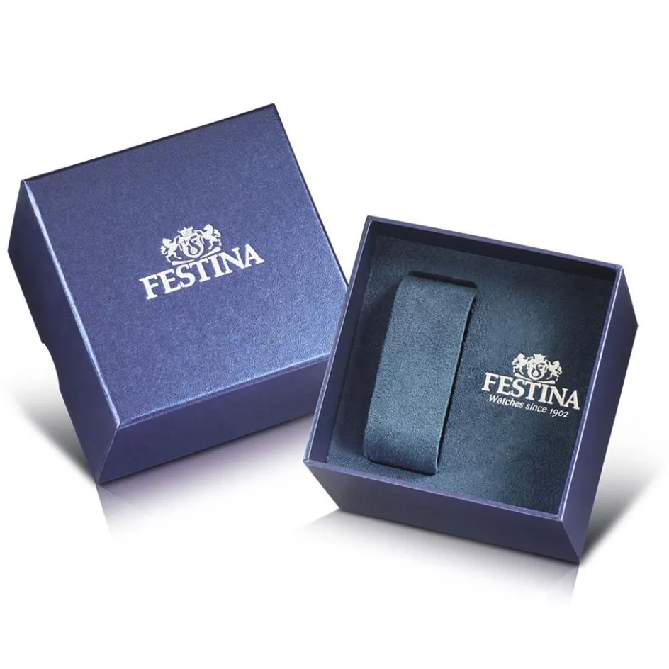 FESTINA Montre Timeless Chronograph Bleu cadran doré fond bleu bracelet acier doré