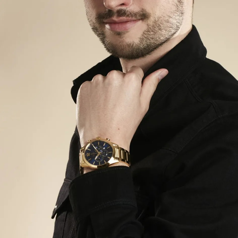 FESTINA Montre Timeless Chronograph Bleu cadran doré fond bleu bracelet acier doré