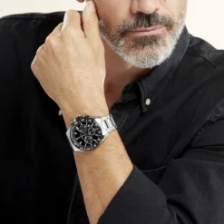 Discount FESTINA Montre Timeless Chronograph Noir cadran argenté fond noir bracelet acier argenté