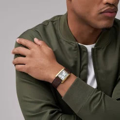 FOSSIL Montre Carraway Argenté cadran doré fond argenté bracelet cuir marron