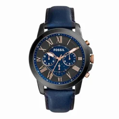 Online FOSSIL Montre Grant 2 Tons cadran noir fond noir bracelet cuir bleu