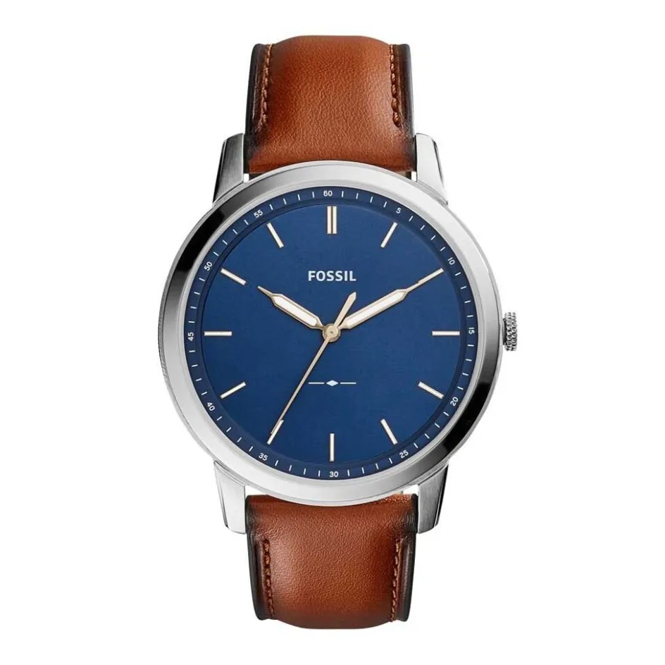 Outlet FOSSIL Montre Minimalist Bleu cadran argenté fond bleu bracelet cuir brun