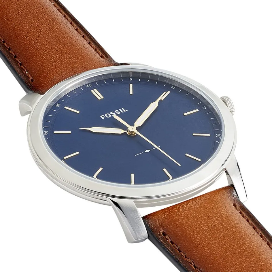 Outlet FOSSIL Montre Minimalist Bleu cadran argenté fond bleu bracelet cuir brun