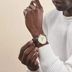 Hot FOSSIL Montre Neutra Chrono Beige cadran argenté fond beige bracelet cuir brun