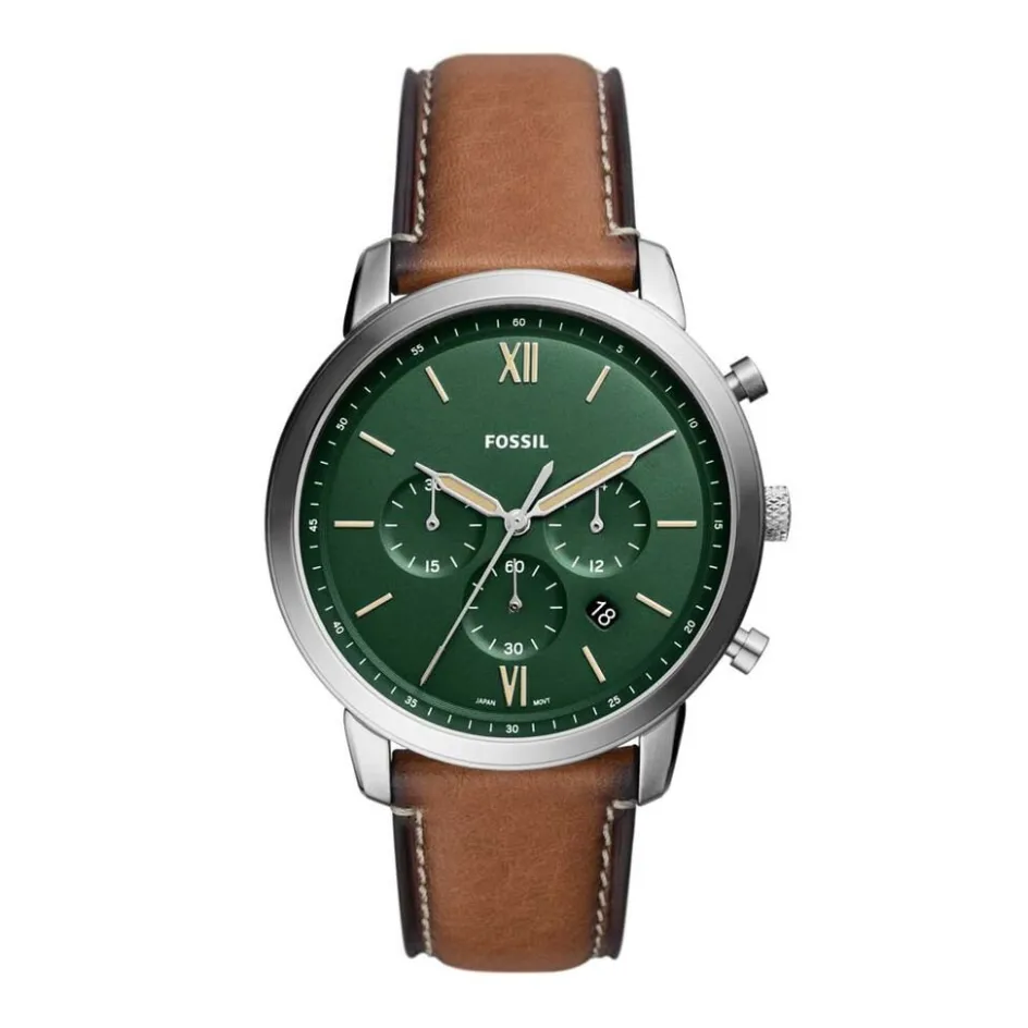Best FOSSIL Montre Neutra Vert cadran argenté fond vert bracelet cuir marron