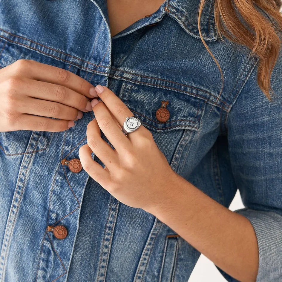 Discount FOSSIL Montre Watch Ring Blanc cadran argenté fond blanc bracelet acier argenté