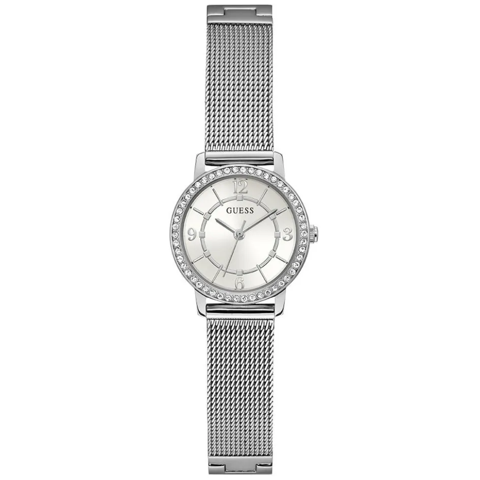 GUESS Montre Melody Blanc cadran argenté fond blanc bracelet acier argenté