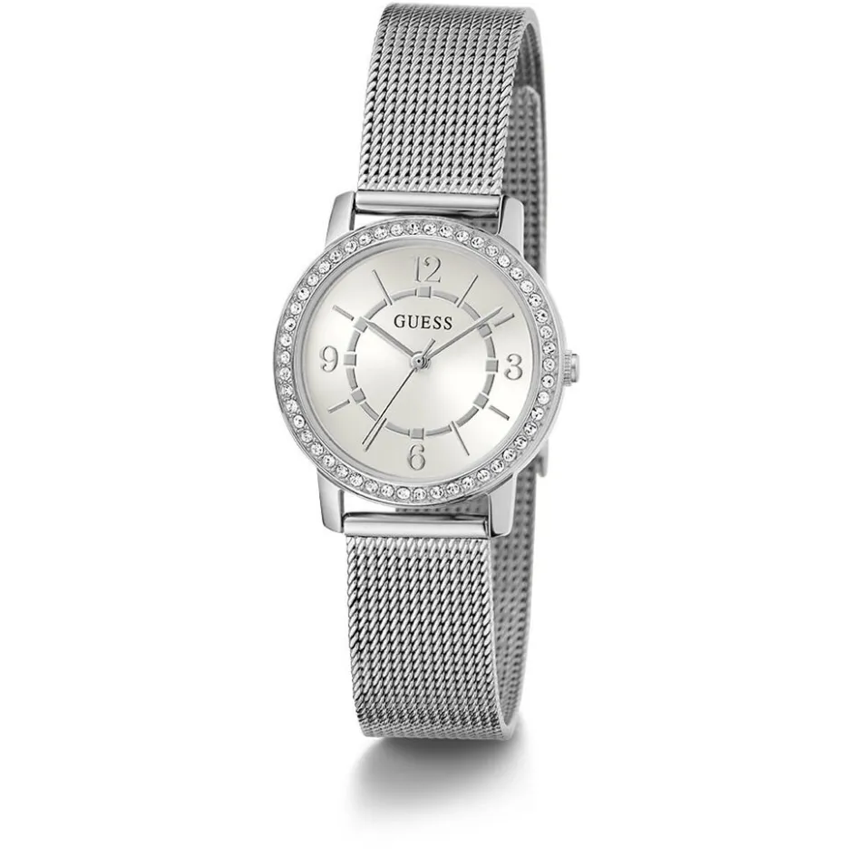 GUESS Montre Melody Blanc cadran argenté fond blanc bracelet acier argenté