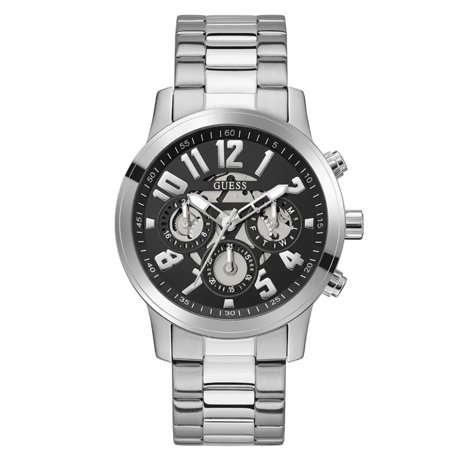 Clearance GUESS Montre Parker Noir cadran argenté fond noir bracelet acier argenté