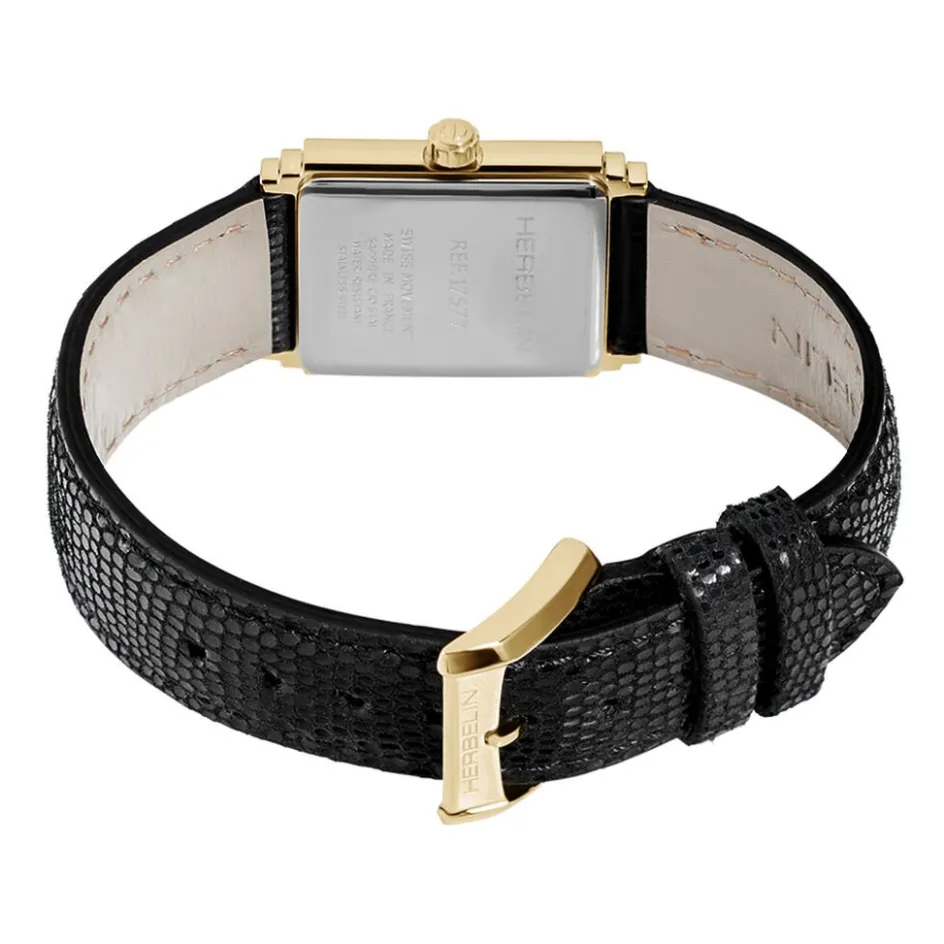 Best HERBELIN Montre Art Deco Noir cadran dore fond noir bracelet cuir noir