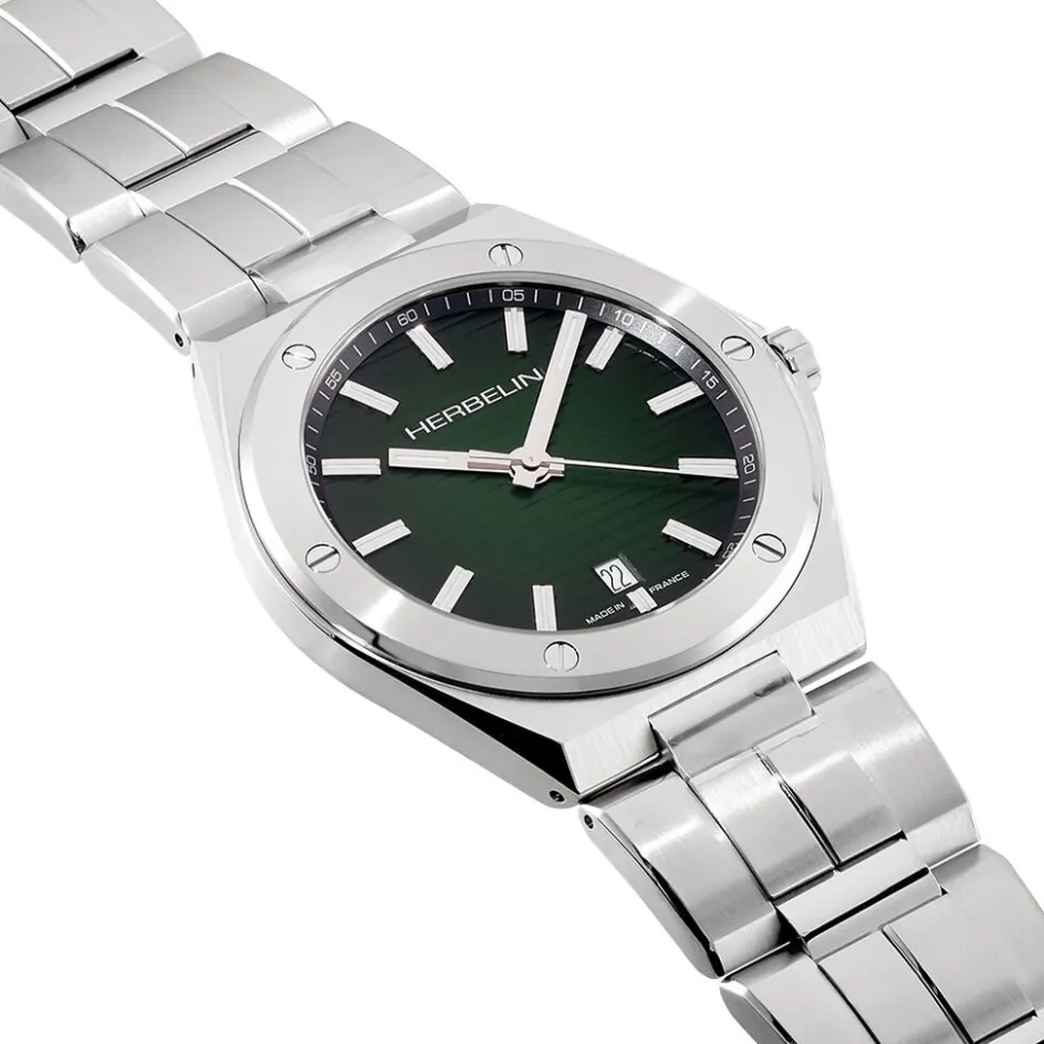 Best HERBELIN Montre Cap Camarat Vert cadran argenté fond vert bracelet métal argenté