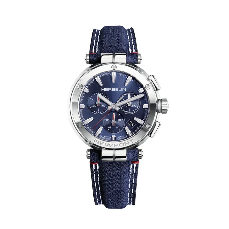 Clearance HERBELIN Montre Newport Chrono Bleu cadran argenté fond bleu bracelet tissu bleu