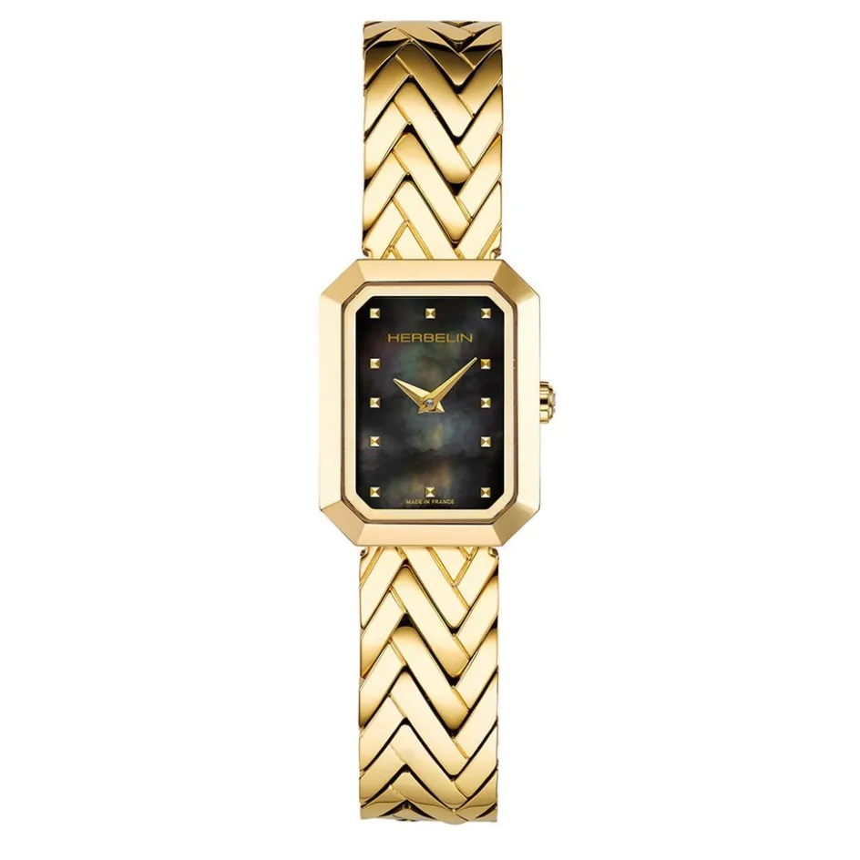 HERBELIN Montre Octogone Nacre Noire cadran doré fond nacre noire bracelet acier doré