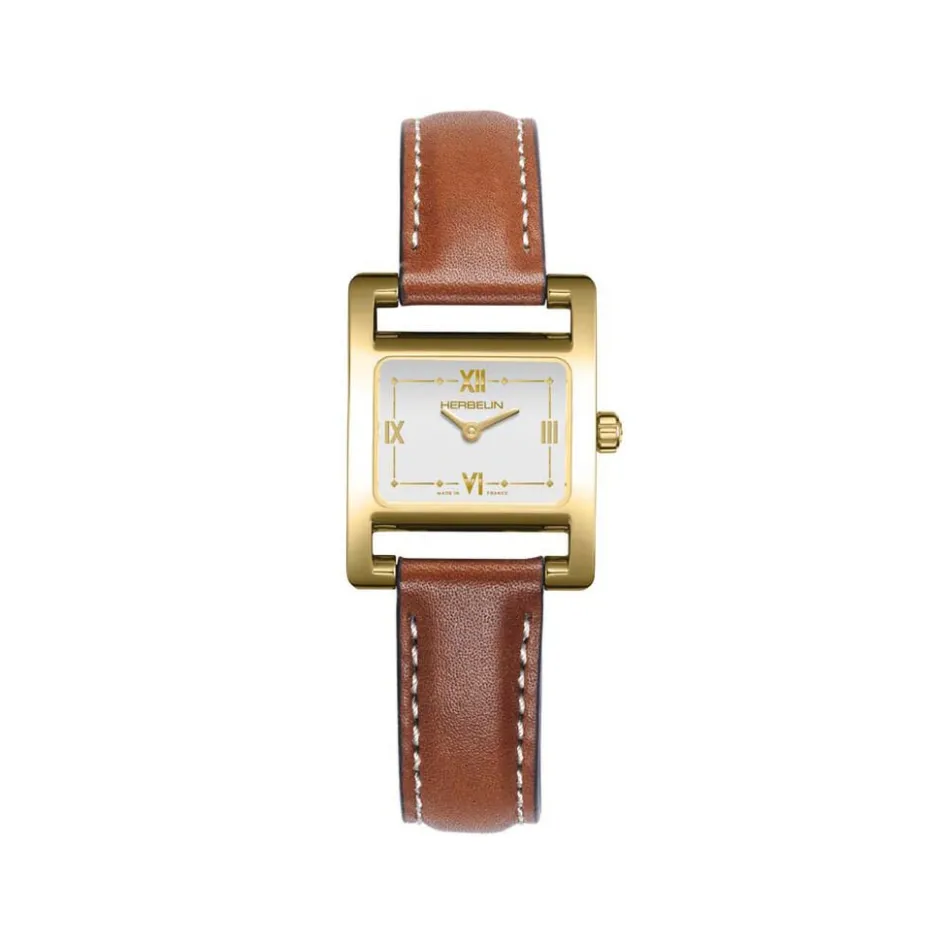 Discount HERBELIN Montre V Eme Avenue Blanc cadran doré fond blanc bracelet cuir marron