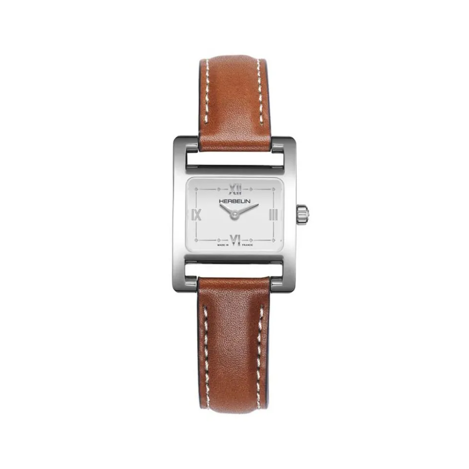 Discount HERBELIN Montre V Eme Avenue Blanc cadran argenté fond blanc bracelet cuir marron