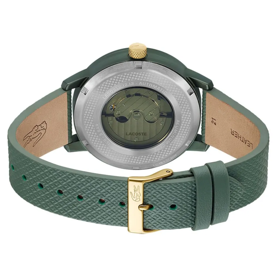LACOSTE Montre .12.12 Automatique Kaki cadran kaki fond kaki bracelet cuir de veau kaki