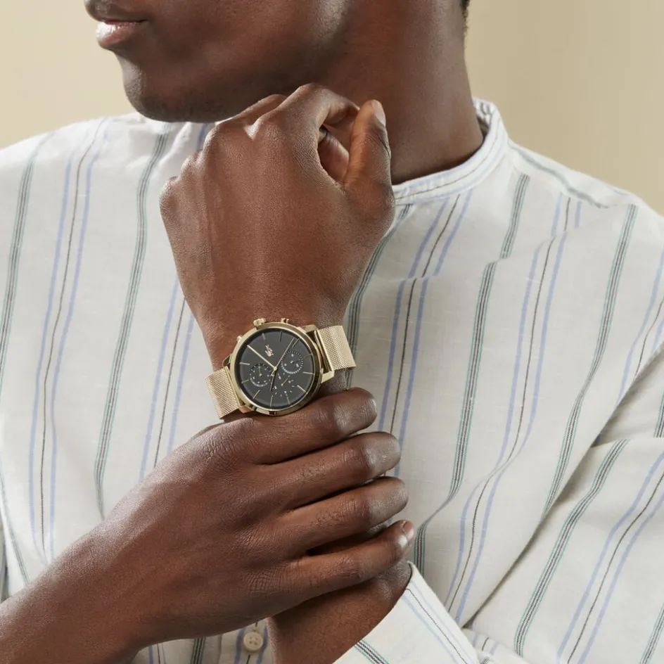 Online LACOSTE Montre Replay Noir cadran doré fond noir bracelet acier argenté