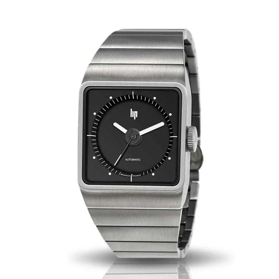 Outlet LIP Montre Big Titane Noir cadran gris fond noir bracelet titane gris