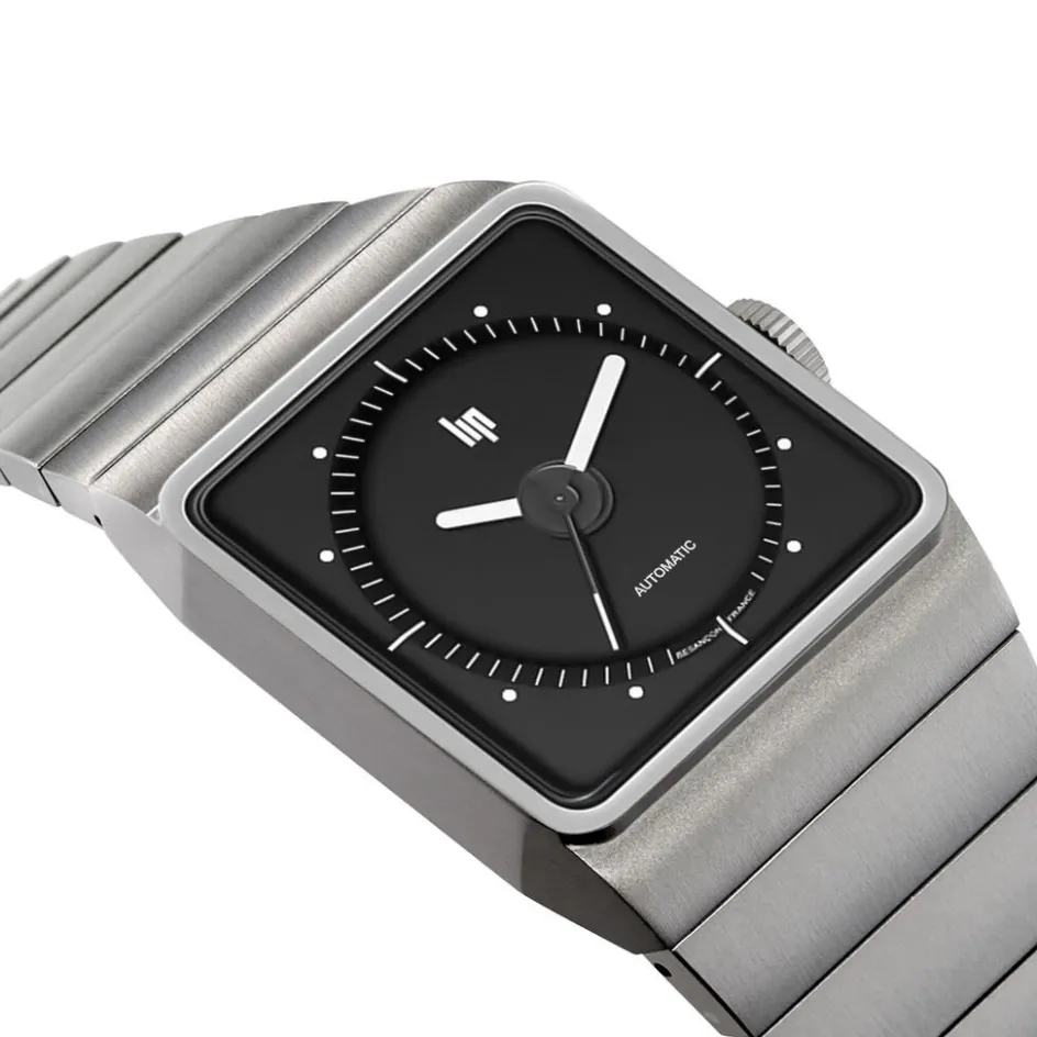 Outlet LIP Montre Big Titane Noir cadran gris fond noir bracelet titane gris