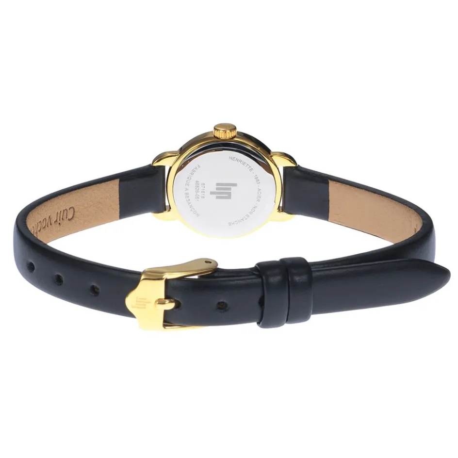 Outlet LIP Montre Henriette 19 Argenté cadran doré fond argenté bracelet cuir de vache noir