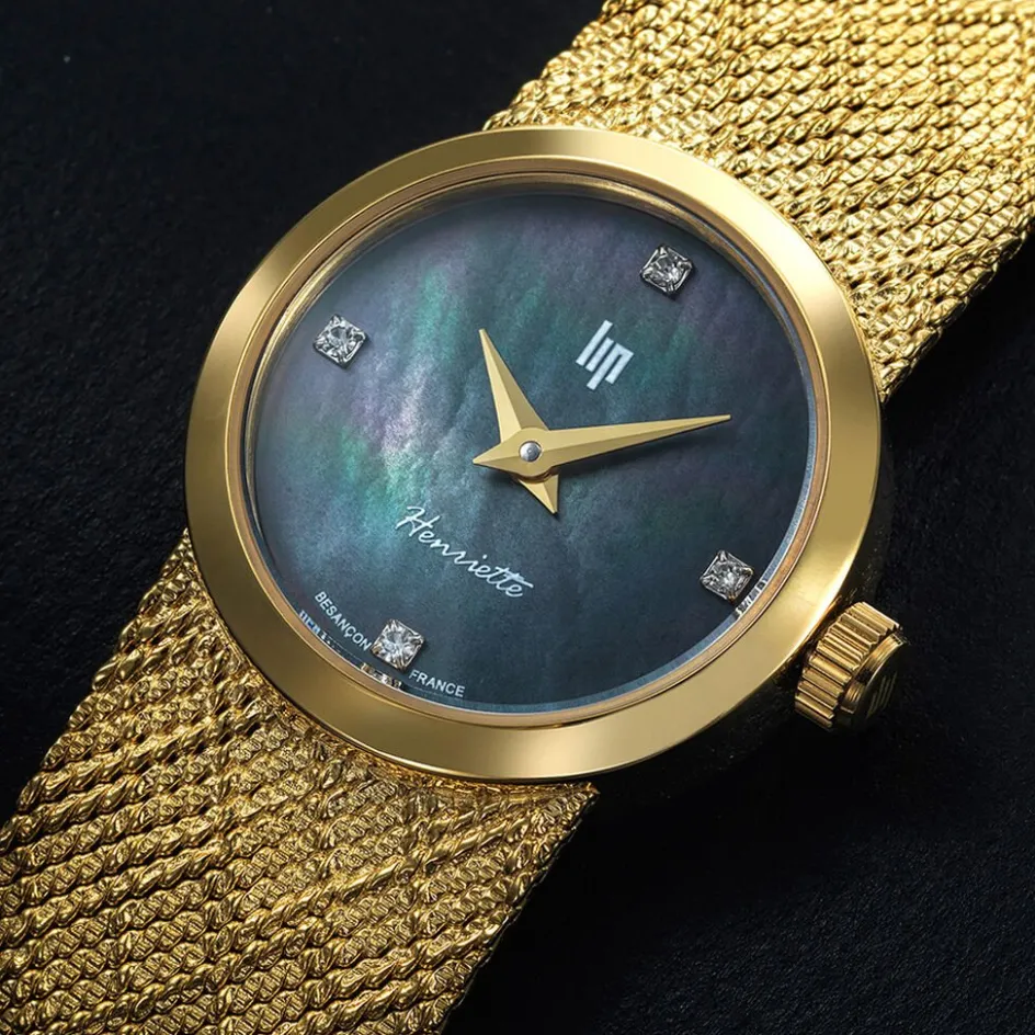 Discount LIP Montre Henriette Diamant Nacre Noire cadran doré fond nacre noire bracelet acier doré