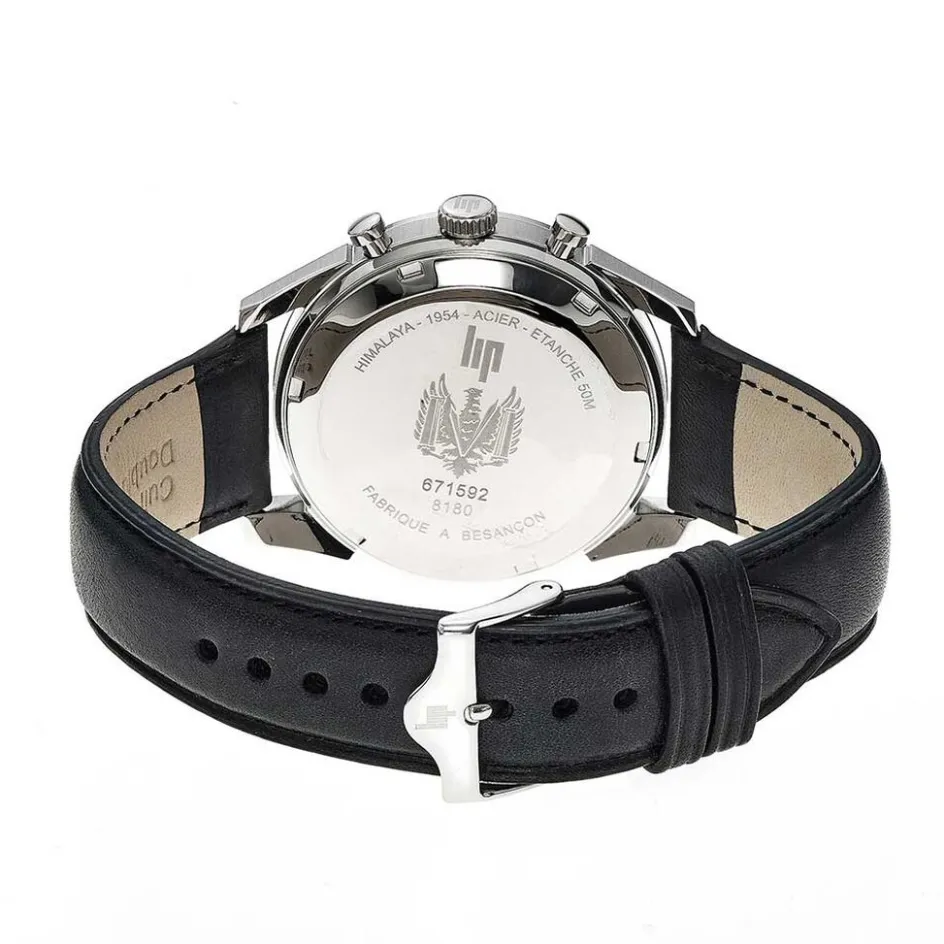 LIP Montre Himalaya Chrono Noir cadran argenté fond noir bracelet cuir noir