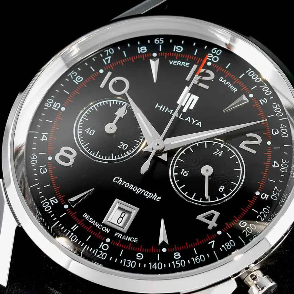 LIP Montre Himalaya Chrono Noir cadran argenté fond noir bracelet cuir noir