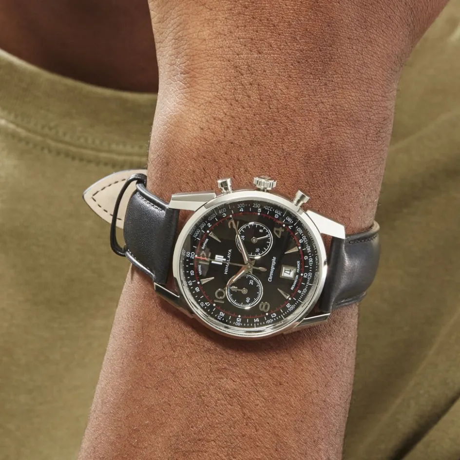 LIP Montre Himalaya Chrono Noir cadran argenté fond noir bracelet cuir noir