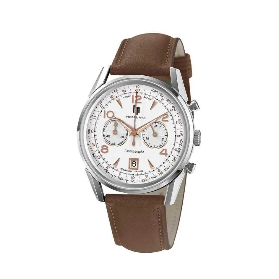 Sale LIP Montre Himalaya Chrono Argenté cadran argenté fond argenté bracelet cuir marron