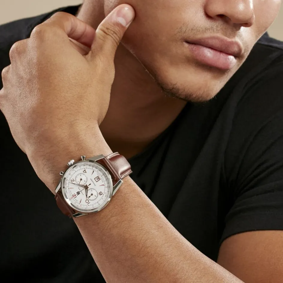 Sale LIP Montre Himalaya Chrono Argenté cadran argenté fond argenté bracelet cuir marron
