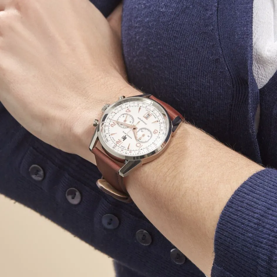 Sale LIP Montre Himalaya Chrono Argenté cadran argenté fond argenté bracelet cuir marron
