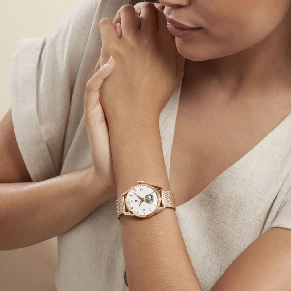 New LIP Montre Himalaya C艙ur Battant Blanc cadran doré rose fond blanc bracelet acier doré rose