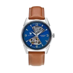 New LIP Montre Himalaya Sablier 40 Bleu cadran argenté fond bleu bracelet cuir marron