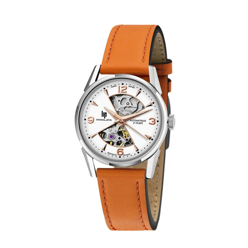 LIP Montre Himalaya Sablier 33 Argenté cadran argenté fond argenté bracelet cuir orange