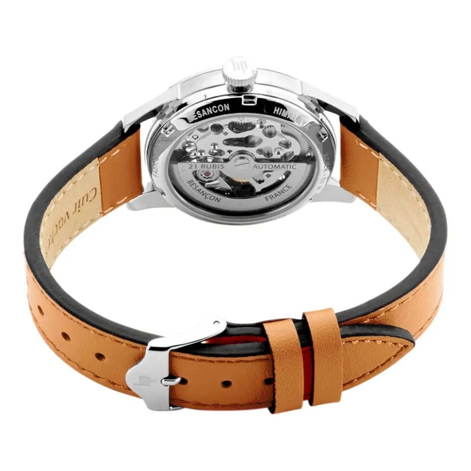 LIP Montre Himalaya Sablier 33 Argenté cadran argenté fond argenté bracelet cuir orange