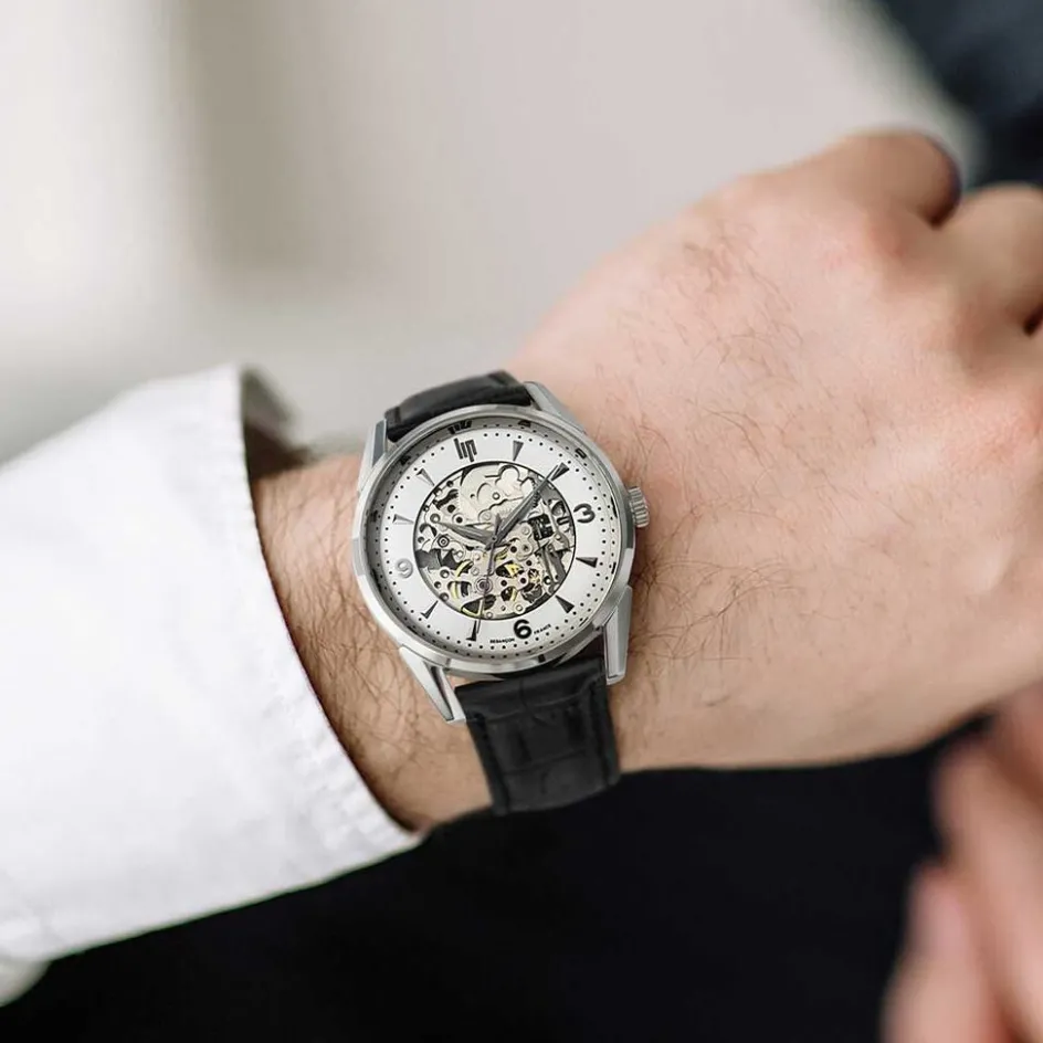 Online LIP Montre Himalaya Squelette Argenté cadran argenté fond argenté bracelet cuir noir