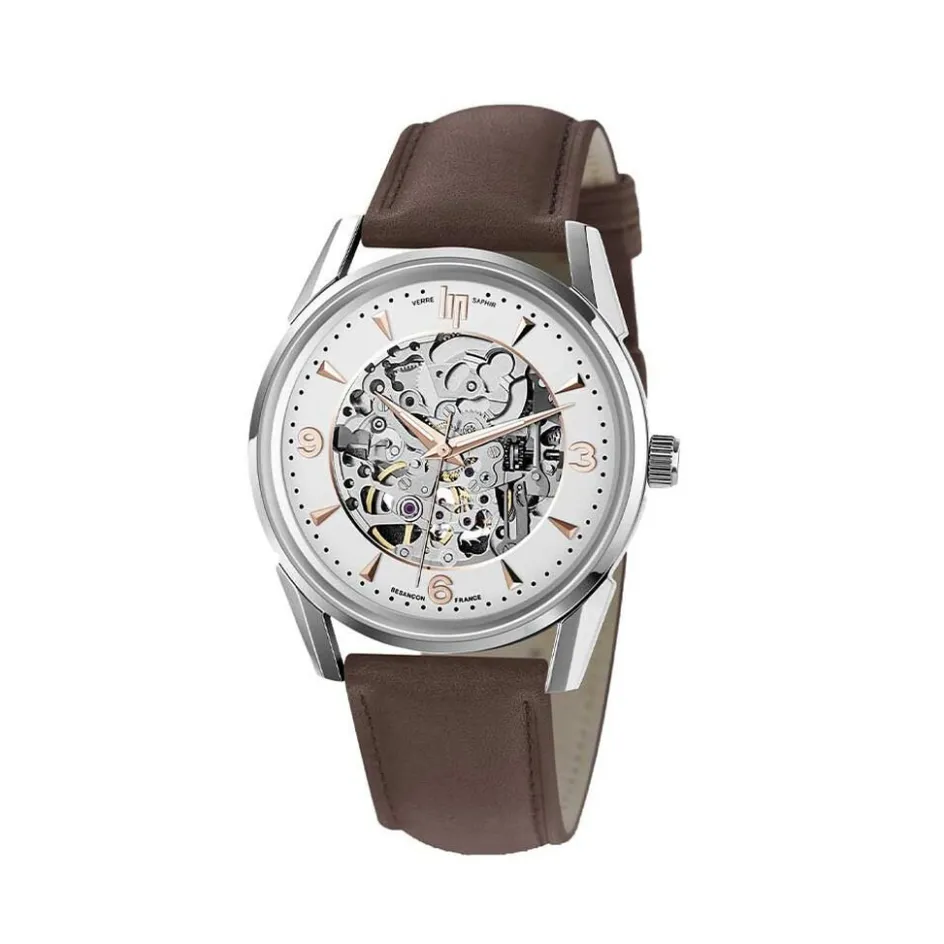 Hot LIP Montre Himalaya Squelette Argenté cadran argenté fond argenté bracelet cuir marron