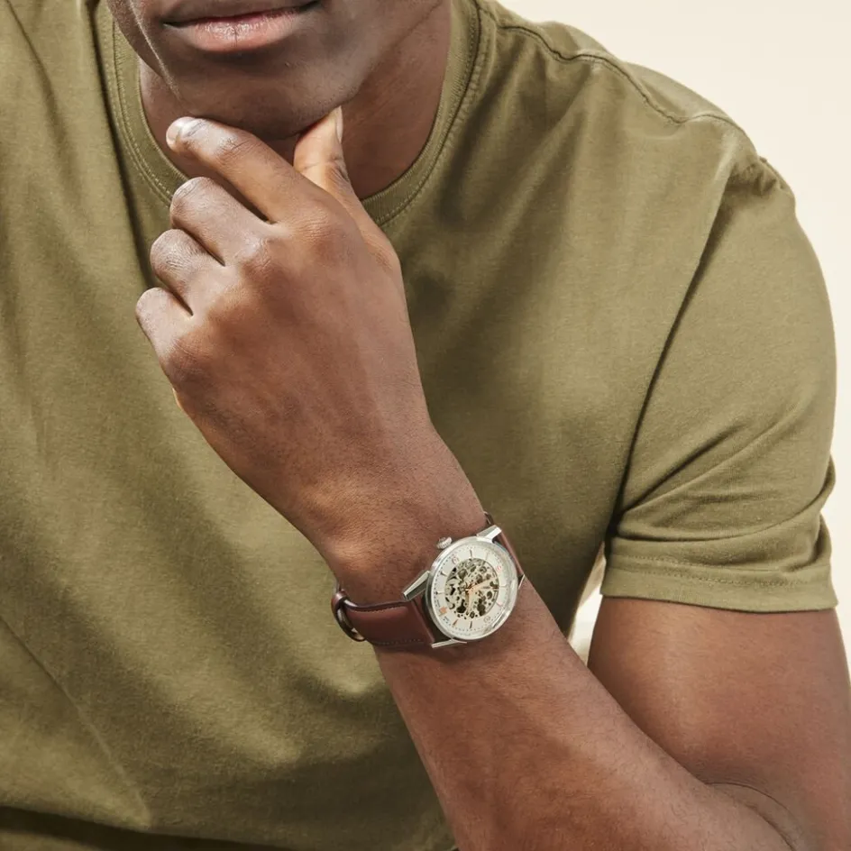 Hot LIP Montre Himalaya Squelette Argenté cadran argenté fond argenté bracelet cuir marron