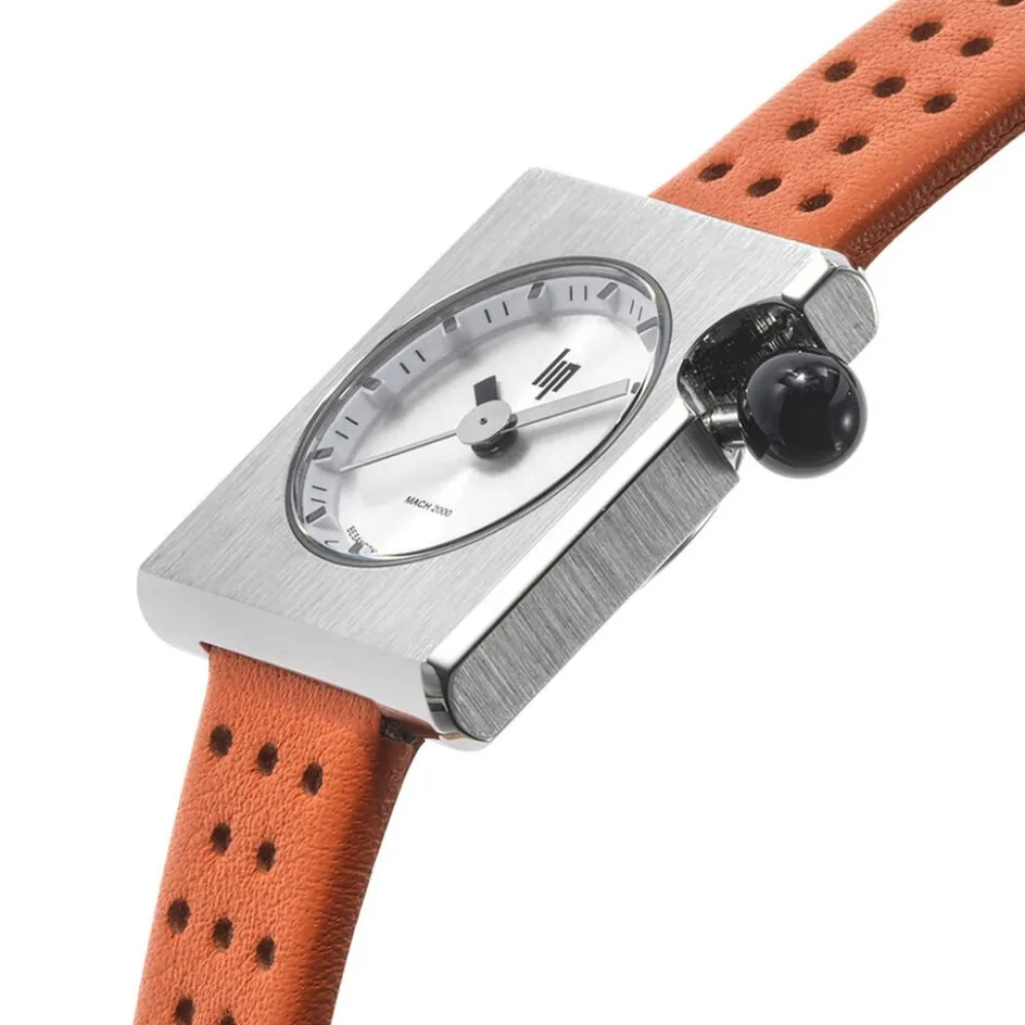 Best LIP Montre Mach 2000 Mini Square Argenté cadran argenté fond argenté bracelet cuir de vache orange