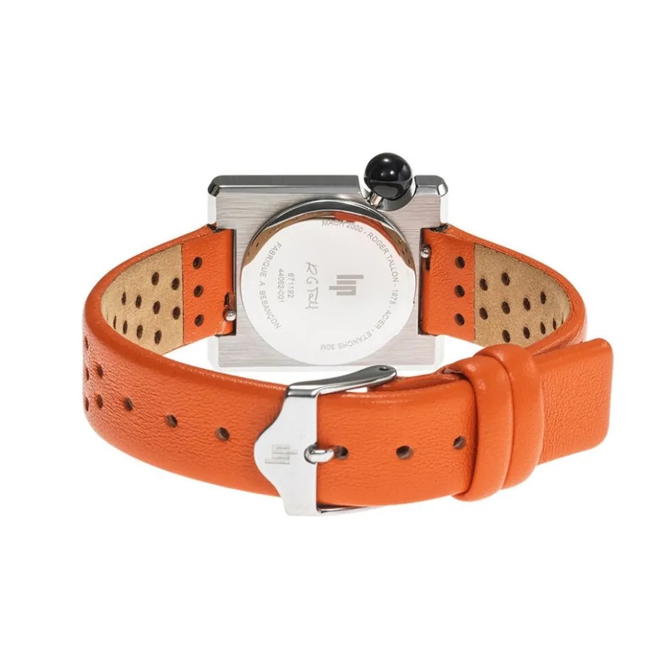 Best LIP Montre Mach 2000 Mini Square Argenté cadran argenté fond argenté bracelet cuir de vache orange
